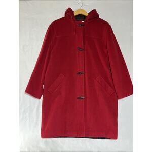 Vintage LL Bean Wool Blend Toggle Duffel Coat Womens 10 Red Hooded Plaid Lined